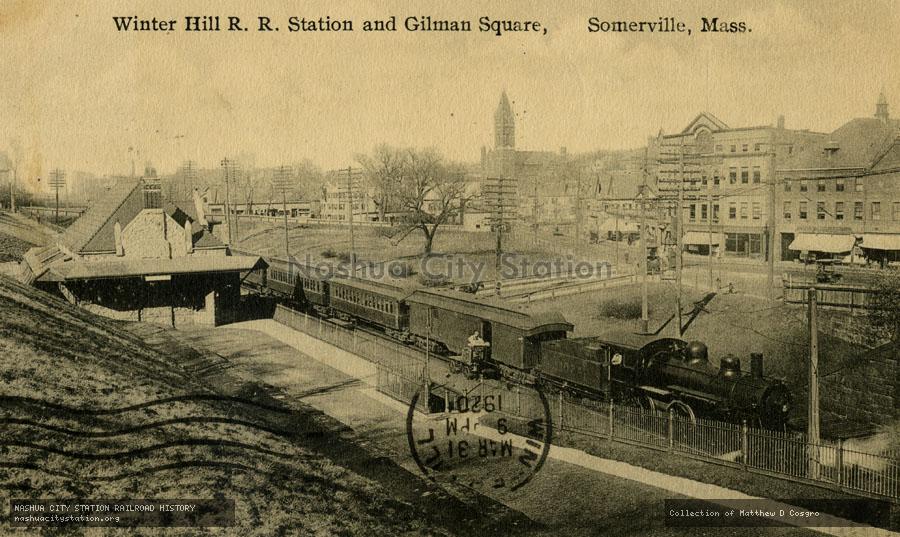 Postcard: Winter Hill Railroad Station and Gilman Square, Somerville, Massachusetts
